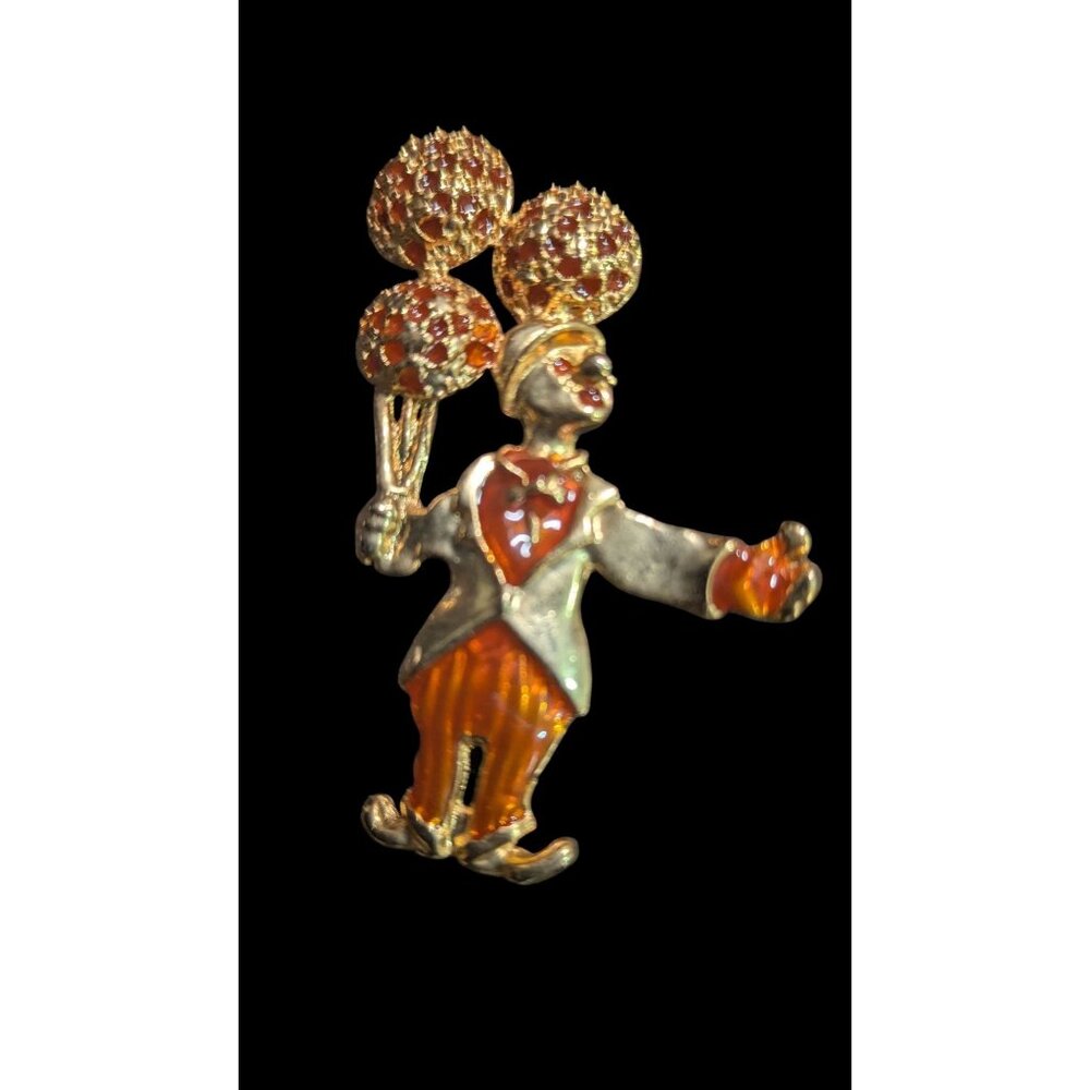 Vintage Colorful Enamel Gold-Tone‎ Juggling Clown Pin Brooch 3"